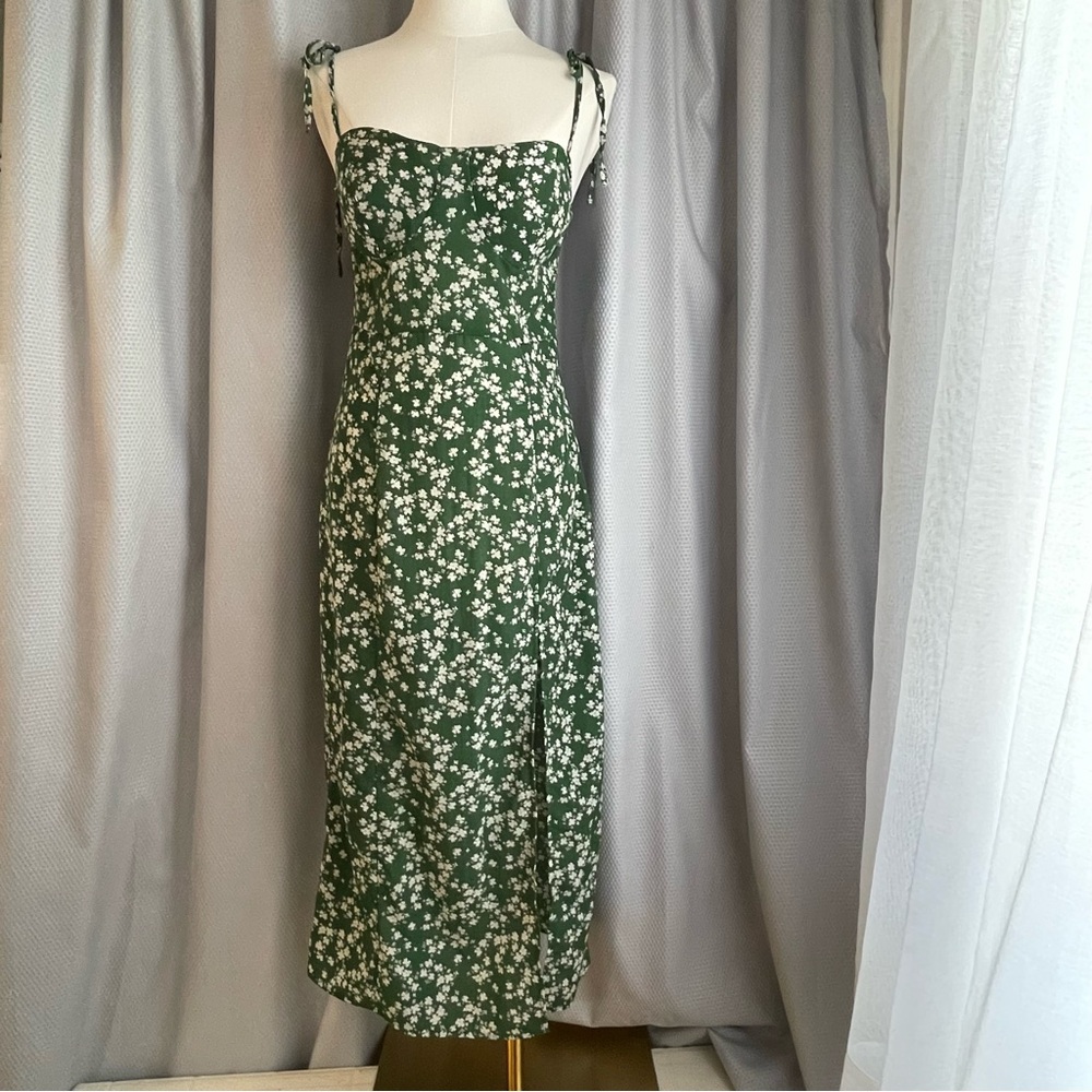 Green Floral Maxi Dress Dainty Straps Side Slit Elastic Back Built in Padding
